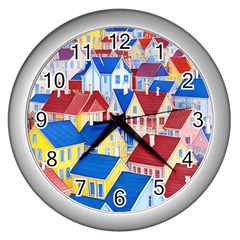 City Houses Cute Drawing Landscape Village Wall Clock (silver)