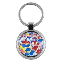 City Houses Cute Drawing Landscape Village Key Chain (round)