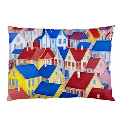 City Houses Cute Drawing Landscape Village Pillow Case
