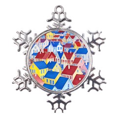 City Houses Cute Drawing Landscape Village Metal Large Snowflake Ornament