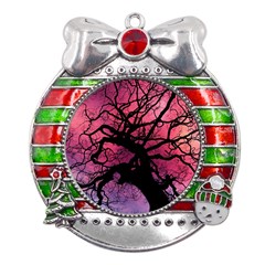 Trees Silhouette Sky Clouds Sunset Metal X mas Ribbon With Red Crystal Round Ornament