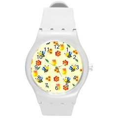 Seamless Background Honey Bee Wallpaper Texture Round Plastic Sport Watch (M)