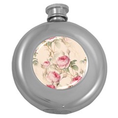 Roses Plants Vintage Retro Flowers Pattern Round Hip Flask (5 Oz)