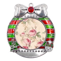 Roses Plants Vintage Retro Flowers Pattern Metal X mas Ribbon With Red Crystal Round Ornament