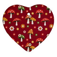 Woodland Mushroom And Daisy Seamless Pattern On Red Backgrounds Ornament (heart) by Amaryn4rt