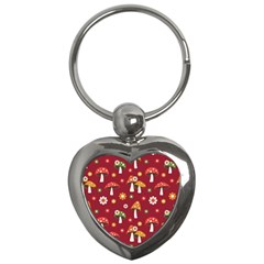 Woodland Mushroom And Daisy Seamless Pattern On Red Backgrounds Key Chain (heart)