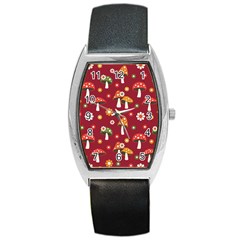 Woodland Mushroom And Daisy Seamless Pattern On Red Backgrounds Barrel Style Metal Watch by Amaryn4rt