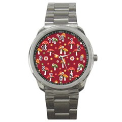 Woodland Mushroom And Daisy Seamless Pattern On Red Backgrounds Sport Metal Watch by Amaryn4rt