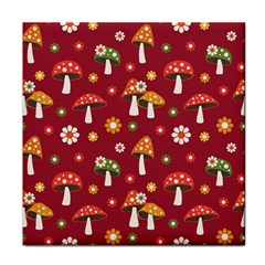 Woodland Mushroom And Daisy Seamless Pattern On Red Backgrounds Face Towel by Amaryn4rt