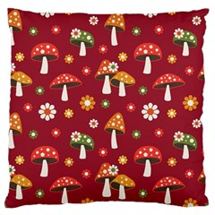 Woodland Mushroom And Daisy Seamless Pattern On Red Backgrounds Large Premium Plush Fleece Cushion Case (one Side) by Amaryn4rt