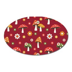Woodland Mushroom And Daisy Seamless Pattern On Red Backgrounds Oval Magnet by Amaryn4rt