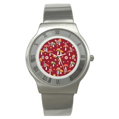 Woodland Mushroom And Daisy Seamless Pattern On Red Backgrounds Stainless Steel Watch by Amaryn4rt