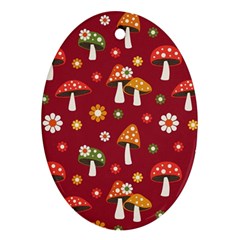 Woodland Mushroom And Daisy Seamless Pattern On Red Backgrounds Oval Ornament (two Sides) by Amaryn4rt