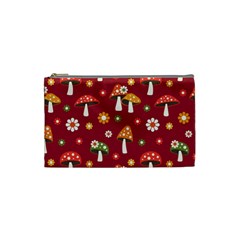 Woodland Mushroom And Daisy Seamless Pattern On Red Backgrounds Cosmetic Bag (small) by Amaryn4rt