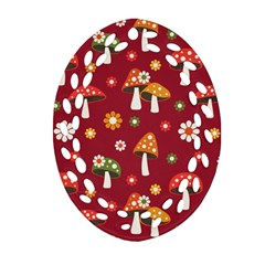 Woodland Mushroom And Daisy Seamless Pattern On Red Backgrounds Oval Filigree Ornament (two Sides) by Amaryn4rt