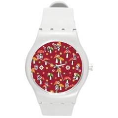 Woodland Mushroom And Daisy Seamless Pattern On Red Backgrounds Round Plastic Sport Watch (m) by Amaryn4rt