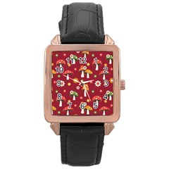 Woodland Mushroom And Daisy Seamless Pattern On Red Backgrounds Rose Gold Leather Watch  by Amaryn4rt
