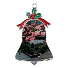 Pink Peony  Flower Metal Holly Leaf Bell Ornament