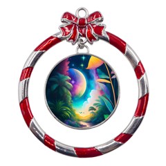 Jungle Moon Light Plants Space Metal Red Ribbon Round Ornament by Ravend