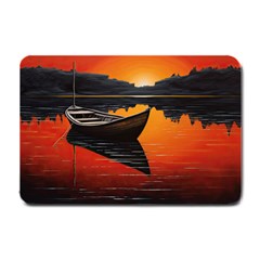 Boat Sunset Lake Water Nature Small Doormat by Ravend