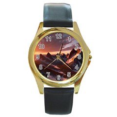 Landscape Mountains Nature Round Gold Metal Watch