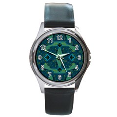 Mazipoodles Origami Chintz A - Navy Lime Blue Black Round Metal Watch by Mazipoodles
