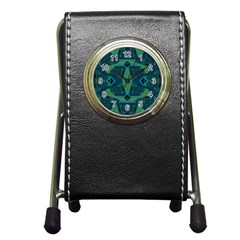 Mazipoodles Origami Chintz A - Navy Lime Blue Black Pen Holder Desk Clock by Mazipoodles