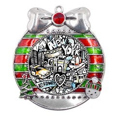 New York City Nyc Broadway Doodle Art Metal X mas Ribbon With Red Crystal Round Ornament by Grandong