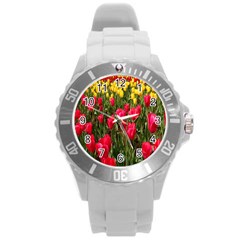Yellow Pink Red Flowers Round Plastic Sport Watch (l)