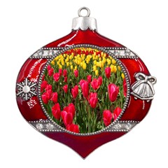 Yellow Pink Red Flowers Metal Snowflake And Bell Red Ornament by artworkshop
