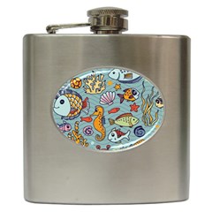Cartoon Underwater Seamless Pattern With Crab Fish Seahorse Coral Marine Elements Hip Flask (6 Oz)