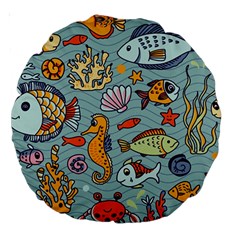 Cartoon Underwater Seamless Pattern With Crab Fish Seahorse Coral Marine Elements Large 18  Premium Round Cushions by Grandong