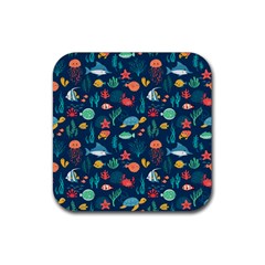 Variety Of Fish Illustration Turtle Jellyfish Art Texture Rubber Coaster (square) by Grandong