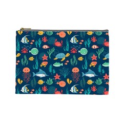 Variety Of Fish Illustration Turtle Jellyfish Art Texture Cosmetic Bag (large) by Grandong