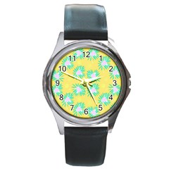 Mazipoodles Bold Daises Yellow Round Metal Watch