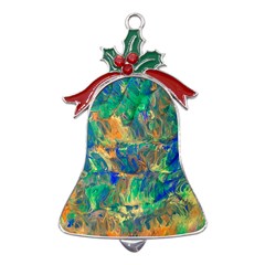Blue On Green Flow Metal Holly Leaf Bell Ornament