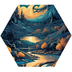 Forest River Night Evening Moon Wooden Puzzle Hexagon