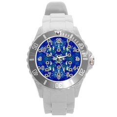 Oilpainting Blue Flowers In The Peaceful Night Round Plastic Sport Watch (l) by pepitasart