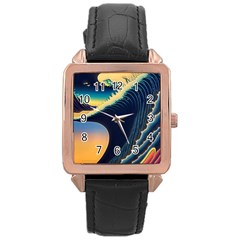 Japanese Japan Waves Sea Ocean Rose Gold Leather Watch  by uniart180623