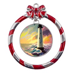 Lighthouse Colorful Abstract Art Metal Red Ribbon Round Ornament by uniart180623