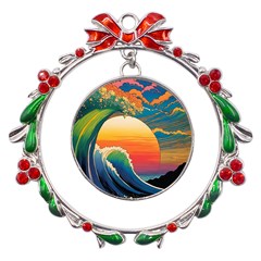 Waves Rainbow Sea Metal X mas Wreath Ribbon Ornament by uniart180623