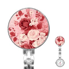 Red Pink Flower Petal Leaves Stainless Steel Nurses Watch by pakminggu