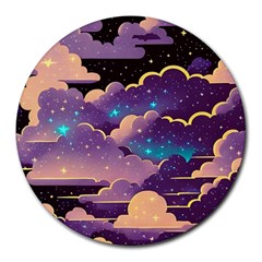 Fluffy Clouds Night Sky Round Mousepad by uniart180623