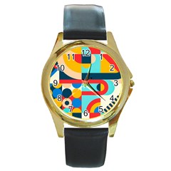 Geometric Shape Colorful Abstract Wave Round Gold Metal Watch