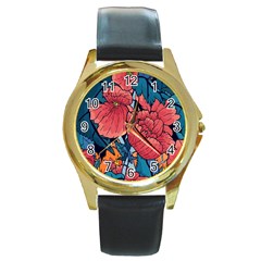 Flower Classic Japanese Art Round Gold Metal Watch