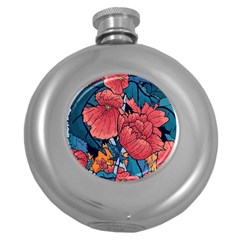 Flower Classic Japanese Art Round Hip Flask (5 Oz)