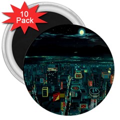 Night Black City Neon Sky Stars Moon Abstract 3  Magnets (10 Pack) 