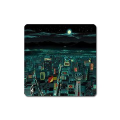 Night Black City Neon Sky Stars Moon Abstract Square Magnet