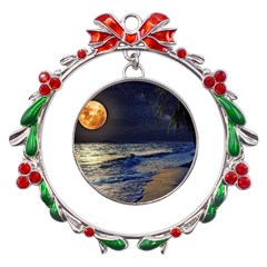 Beautiful Moon Nigh Sky Stars Metal X mas Wreath Ribbon Ornament