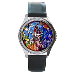 Beauty Stained Glass Castle Building Round Metal Watch by Cowasu